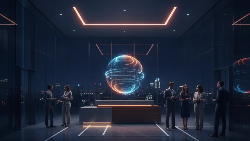 Modern online casino lobby lit in navy and orange with a glowing digital globe hologram above the reception desk.