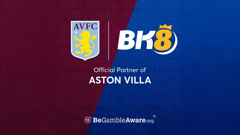 Aston Villa crest beside the BK8 logo on the official partner announcement graphic in claret and blue