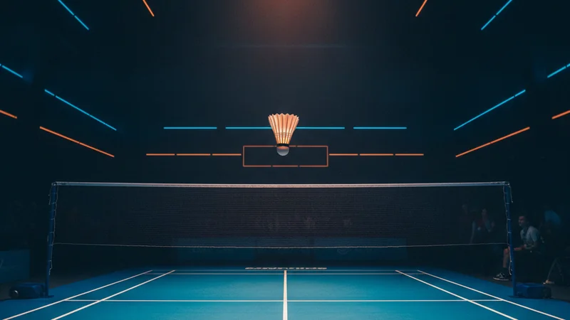 Shuttlecock mid-flight above a badminton net under an arena spotlight for online casino sports betting.
