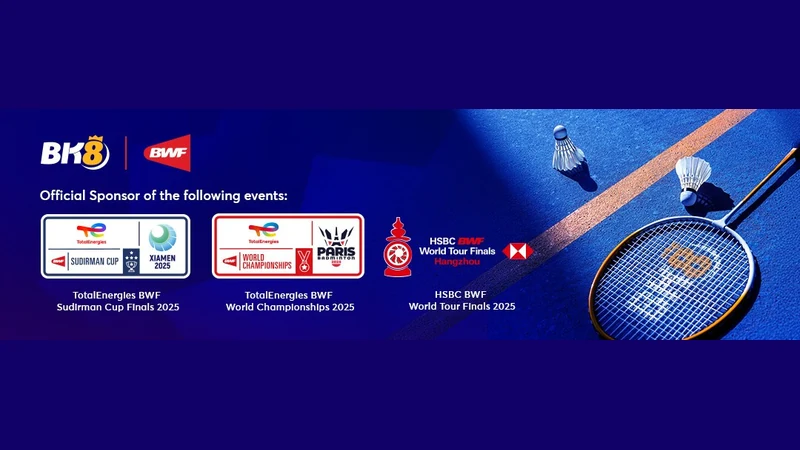 BK8 and BWF logos above the Sudirman Cup, World Championships and World Tour Finals 2025 event badges