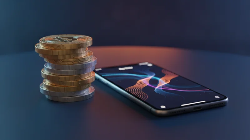 Cryptocurrency coins stacked beside a smartphone wallet ready for online casino gaming