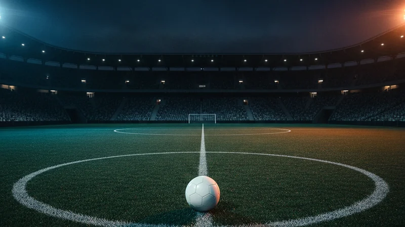 Football on a floodlit stadium pitch at night, ready for online casino sports betting.