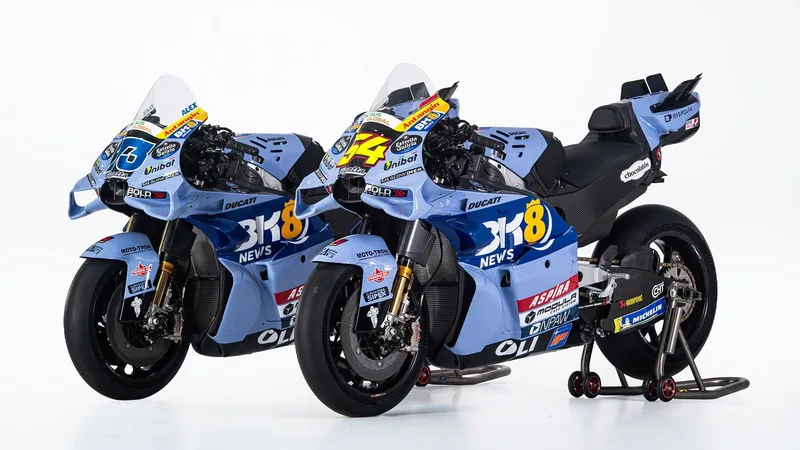 The two BK8 Gresini Racing MotoGP Ducatis in light blue BK8 News livery at the team's 2026 presentation