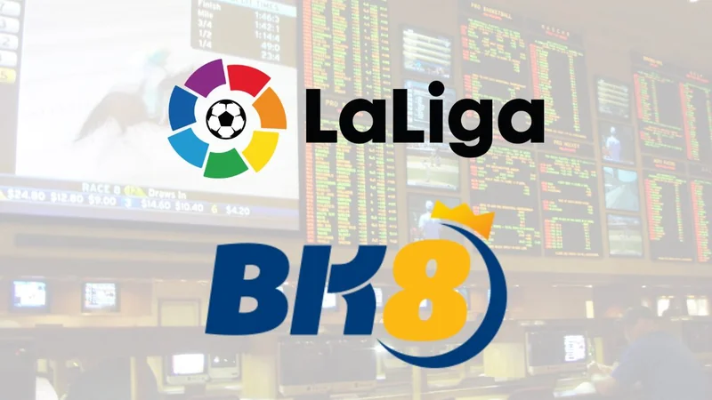 LaLiga logo above the BK8 logo over a faded sportsbook background