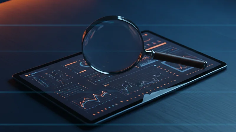 Tablet displaying online casino analytics and betting data beneath a magnifying glass on a navy desk.