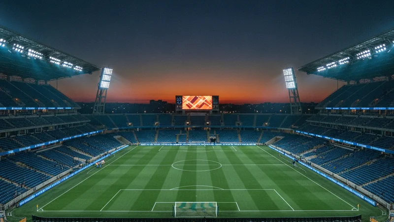 Floodlit stadium at night with an orange horizon and glowing scoreboard for online casino sports betting.